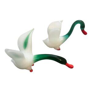 Set Of 2 Miniature Handmade Art Glass Geese Figurines 2.5 Inch Tall